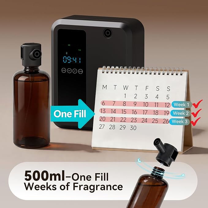 Waterless Essential Oil Diffuser 500ml, Bluetooth APP Control Cold Air Scent Machine, Wall Mounted Large Room Diffuser, 2000 sq ft Coverage, Black