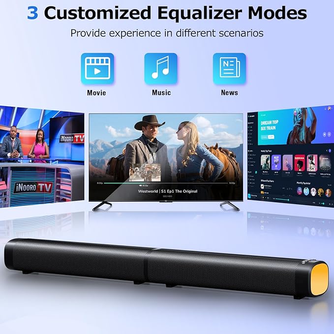 Sound Bar for Smart TV, 100W Sound Bar with 3 Dynamic RGB Lights,Bluetooth 5.3, ARC/Opt/AUX Connect, Dynamic Volume 3 Equalizer Modes,2 in 1 Detachable Soundbar for TV/PC/Gaming/Projectors