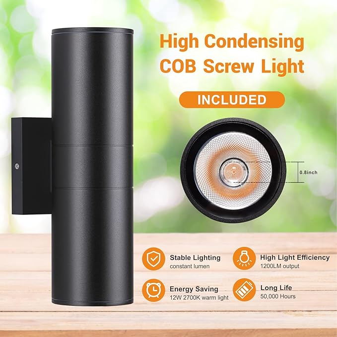 DAKAFUL Outdoor Wall Lights 4Pack, Integrated LED Cylinder Up Down Lights, 12W 2700K Aluminum Exterior Wall Light, Outdoor Light Fixture for Porch Patio Door.(Matte Black)