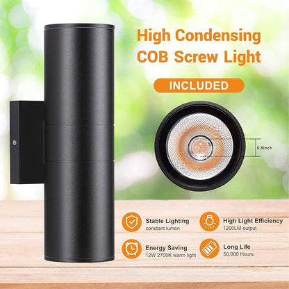 DAKAFUL Outdoor Wall Lights 4Pack, Integrated LED Cylinder Up Down Lights, 12W 2700K Aluminum Exterior Wall Light, Outdoor Light Fixture for Porch Patio Door.(Matte Black)