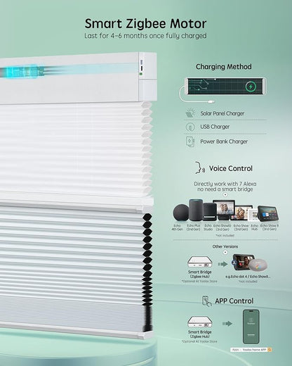 Yoolax Smart Motorized Day and Night Cellular Shades with Remote, Top Down Bottom Up Blinds Compatible with Alexa, Blackout and Light Filtering Honeycomb Blinds (White)