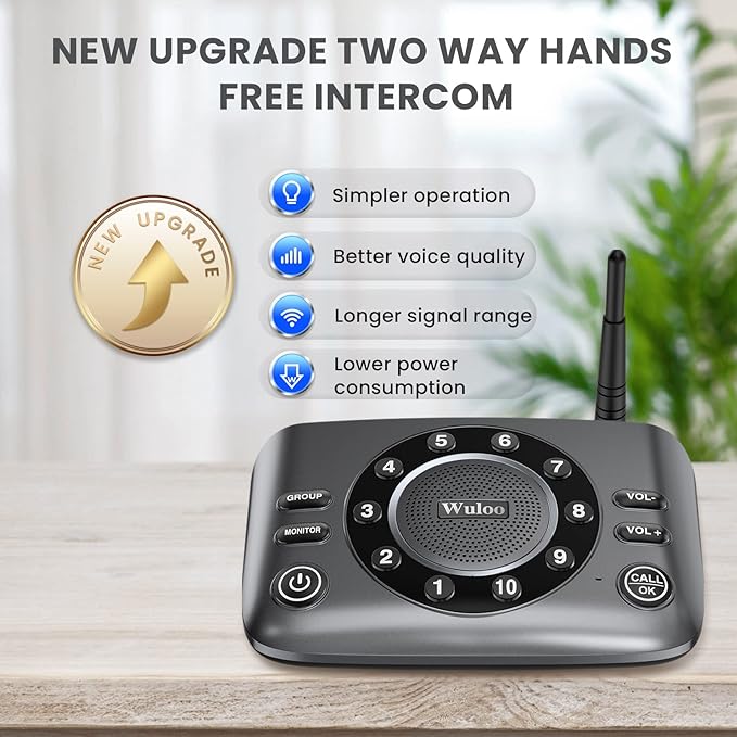 Wuloo Hands-Free Intercoms Wireless for Home Business, Upgrade Two Way Audio Intercom System for Elderly, Full Duplex Room to Room Intercom with 5280 ft Range Clear Sound Anti-Interference, Pack of 4