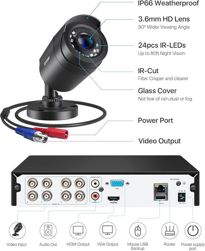 ZOSI 3K Lite Wired CCTV Camera System, 2 X 2MP Bullet Cameras, NO HDD | AI Human/Vehicle Detection, 5MP Lite H.265+, 8 Channel Surveillance DVR, IP66 Weatherproof Camera, 80ft Night Vision