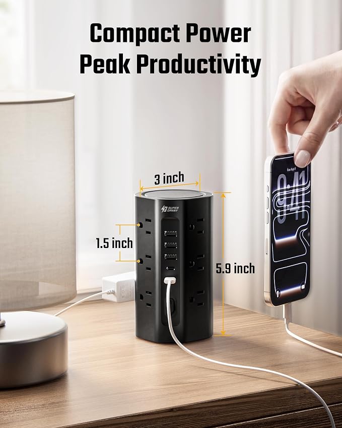 SUPERDANNY Tower Power Strip, 15Ft Extension Cord, 1700J, 12 AC 5 USB,Black | 3 USB A, 2 USB C, Surge Protector Power Tower, Flat Plug, Desk Charging Station with Multiple Outlets, Home Office Dorm Room