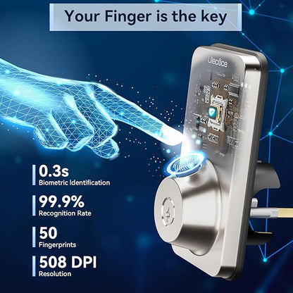 Ulecoce Fingerprint Keypad Deadbolt with Handle Set, Keyless Entry Door Lock, Door Locks for Front Door Lock Set, App Control, Auto Locking, Easy to Install, Satin Nickel