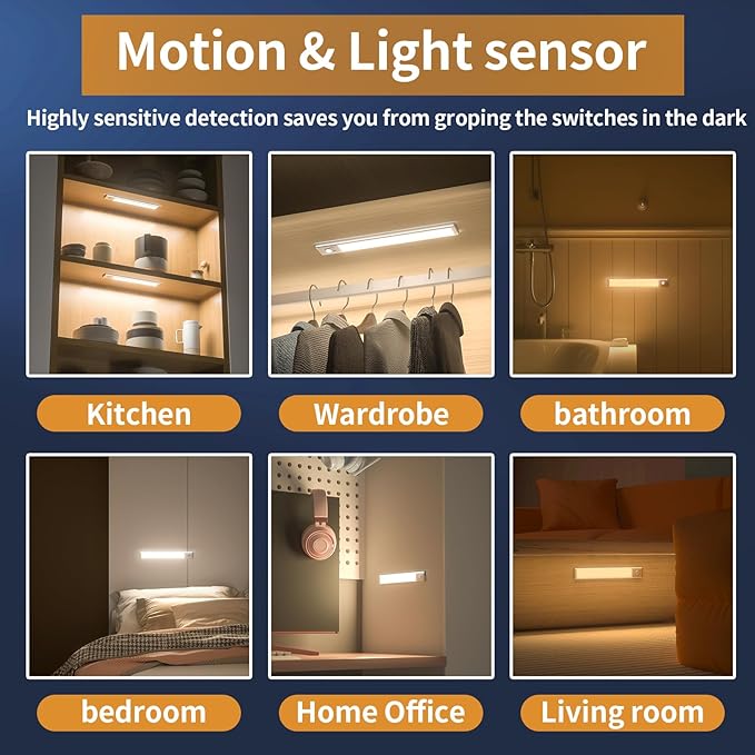 SOUL LINK Under Cabinet Lights, 88 LED Operated Motion Sensor Light Indoor, 2200mAh USB Rechargeable Closet Lights, 4 Pack Magnetic Dimmable Wireless Under Counter Lights for Kitchen, Stairs