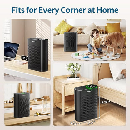 Air Purifier for Large Room, Cleans 2,400 ft² in 30 Mins, 3-Stage True HEPA, 360° Airflow, Large Touch Display Control, Real-Time Air Quality (PM2.5) Display, Ultra-Quiet 20dB Sleep Mode, HAP602 Black