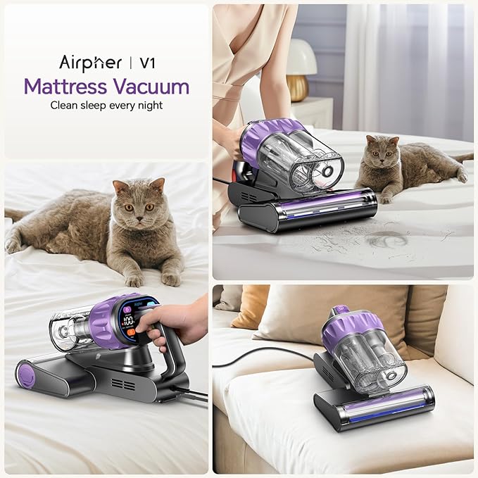 Mattress Vacuum Cleaner 18Kpa Bed Vacuum Cleaner with Smart Dust Sensor,UV-C Light,HEPA Filter,150°F Heat,500W Powerful Handheld,for Pet Hair,Sofa,Couch CribValentine's Day Gift Ideas for Women