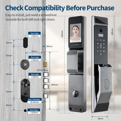 Sophies Smart Door Lock with Camera, Wi-Fi Smart Locks Fully Automatic 3D Face Recognition Smart Biometrics Fingerprint Door Lock Tuya Remote Control NFC Password with Doorbell