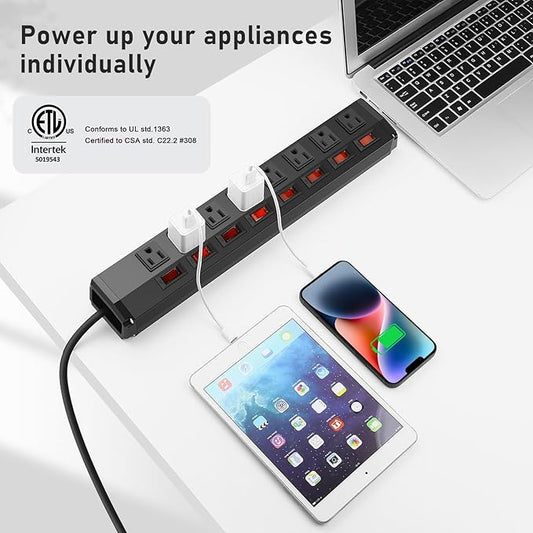8 Outlet Metal Power Strip with Individual Switches,Heavy Duty Appliance Power Strip with Flat Plug,1200J Surge Protector,10FT Extension Cord,15A 120V 1800W,Home Office School Shop Industrial