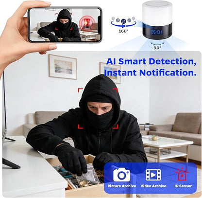 Security Camera Indoor for Home - Bluetooth Speaker - Homekit Camera - 1080P Clock Camera with 160°Rotating Viewing Angle - Night Light - AI Motion Detection (Black and White)