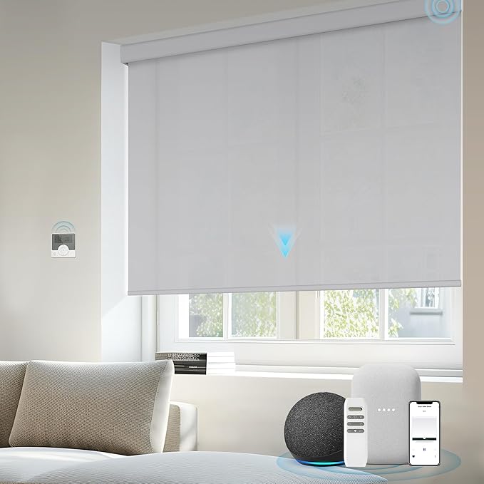 Smart Shades Compatible with Alexa Google Custom to 115" Width Light Filtering Motorized Blinds Automatic Large Window Roller Shade Remote Control 50% Blackout Solar Grey