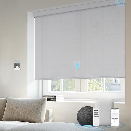 Smart Shades Compatible with Alexa Google Custom to 115" Width Light Filtering Motorized Blinds Automatic Large Window Roller Shade Remote Control 50% Blackout Solar Grey