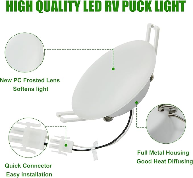 3-Inch 12 Volt RV LED Recessed RV Puck Light with Quick Connector, 3500K Bright White, RV Interior Light for RV Boat Trailer Camper Motorhome Truck Yacht Van, 6Packs
