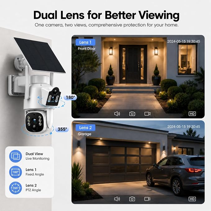 Camcamp Solar Security Cameras Wireless Outdoor, Dual Lens 4-Camera System