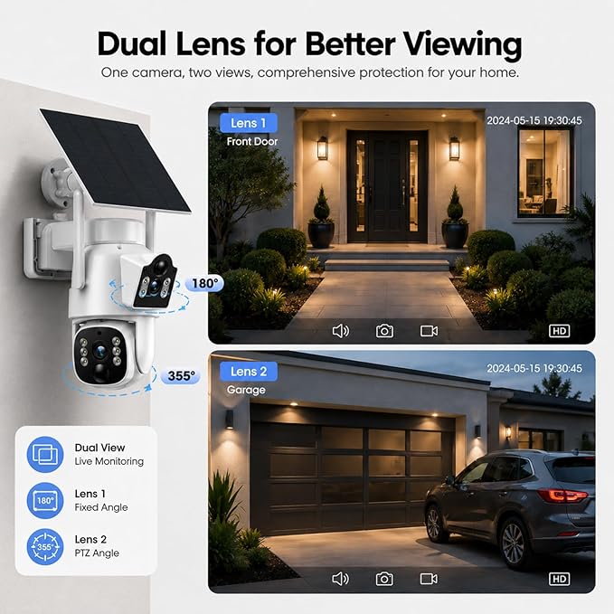 Camcamp Dual Lens Solar Security Cameras Wireless Outdoor System, 1 Camera (2 Views), 2.4/5 GHz WiFi, 2K Color Night Vision, 2-Way Audio, APP Remote, 0 Monthly Fee