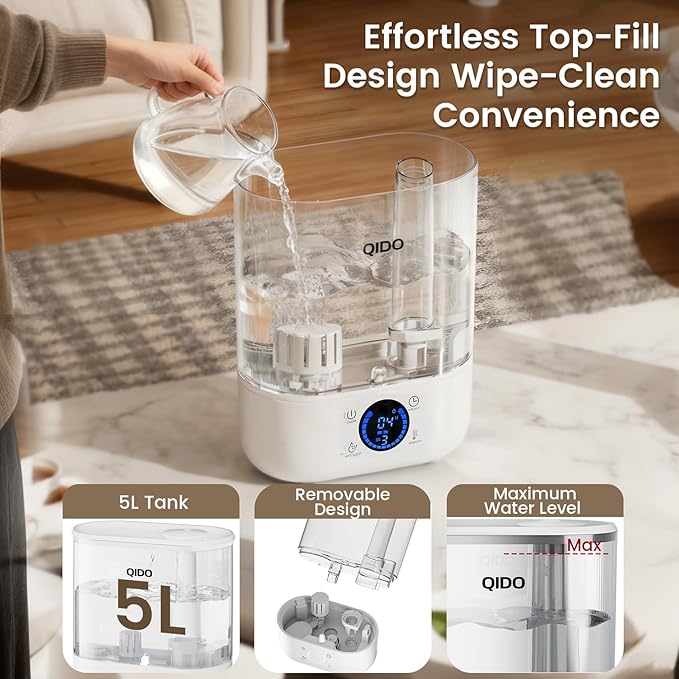 COMHOMA Top Fill Humidifiers for Bedroom, 5L Tank for Large Room, Easy to Fill & Clean, 28dB Quiet Cool Mist Air Humidifier for Home Baby Nursery & Plants, Touch/APP/7-color Nightlight, 36H, White