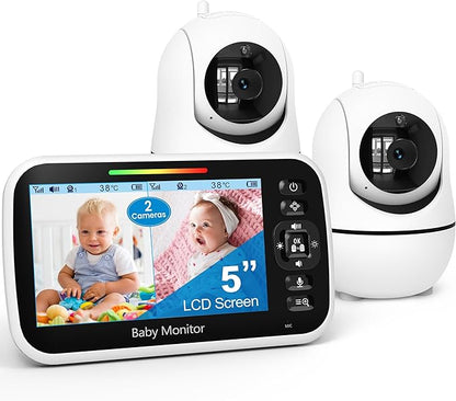 GoodBaby 5" Split Screen Baby Monitor with 2 Cameras and Audio, No WiFi Secure FHSS, 30-Hour Battery, Remote PTZ, Auto Night Vision, Room Temperature, Two-Way Audio，Lullabies，1000ft Range