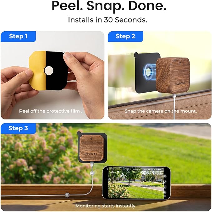 2K Window Camera for Indoor & Outdoor Home Security,Color Night Vision,Anti-Glare,24/7 Recording,Free 3-Day Cloud Storage,Dual-Band WiFi,AI Human Detection,Magnetic Mount,Walnut Wood Design