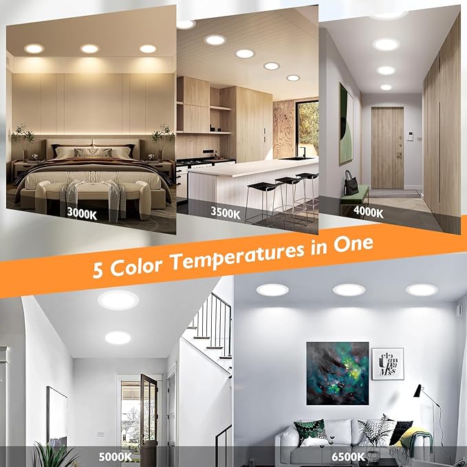 BesLowe 6 Packs 8 Inch 5CCT LED Recessed Ceiling Lights Ultra-Thin with Junction Box, 18W 225W Eqv, 3000K/3500K/4000K/5000K/6500K, 1800LM Dimmable Canless Downlights for Kitchen Hallway Dining Room