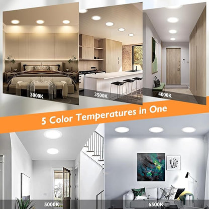 BesLowe 6 Packs 8 Inch 5CCT LED Recessed Ceiling Lights Ultra-Thin with Junction Box, 18W 225W Eqv, 3000K/3500K/4000K/5000K/6500K, 1800LM Dimmable Canless Downlights for Kitchen Hallway Dining Room