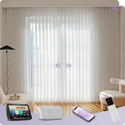 Graywind Motorized Sheer Vertical Blinds Compatible with Alexa Google Smart Sheer Curtain Drapery Privacy Light Filtering Remote Control Vertical Shades, Custom with Up to 157", Leaf White