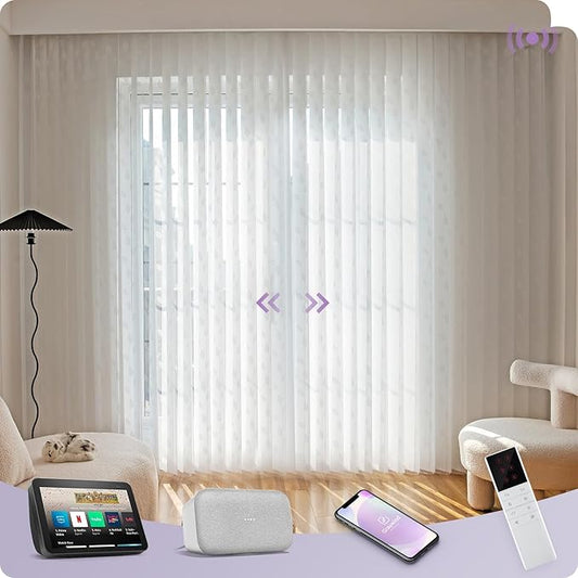 Graywind Motorized Sheer Vertical Blinds Compatible with Alexa Google Smart Sheer Curtain Drapery Privacy Light Filtering Remote Control Vertical Shades, Custom with Up to 157", Leaf White