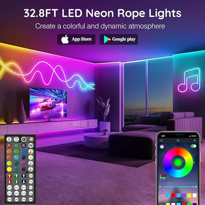 LETIANPAI 32.8Ft Neon Rope Lights,Flexible Led Rope Lights Control with App/Remote,Multiple Modes Rope Lights,IP65 Outdoor RGB Led Neon Lights Waterproof,Music Sync Gaming Led Light Strip (32.8FT)