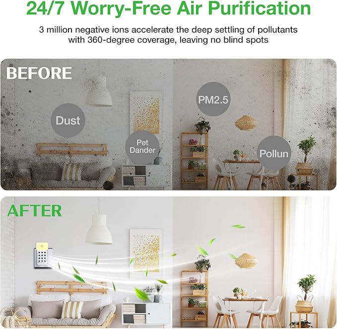 JOSTART Air Ionizer for Home (3 Pack） - Plug-in Negative Ion Air Purifier with smart warm ambient glow, Quiet Air Freshener for Bedroom, Office, Kitchen，Mini Air Purifier, Smoke, Dust, Pet Smell