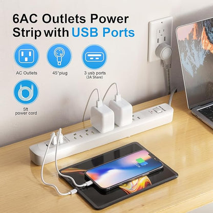 2 Pack Power Strip Surge Protector - 6 Outlets 3 USB Charging Ports (1 USB C), 10Ft Extension Cord, Flat Plug, Overload Protection, Wall Mount for Office Home, Dorm Room White