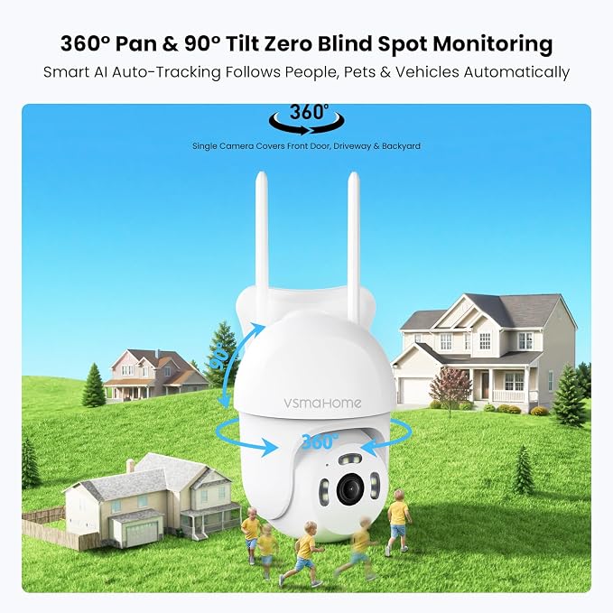 4MP Outdoor Security Camera,2.5K WiFi Camera for Home Security System,Plug-in Wired Outdoor Camera,24/7 Non-Stop Recording,360° PTZ,AI Motion Detection,Color Night Vision,Compatible with Alexa(2 PCS)