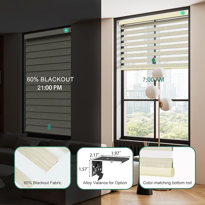 Motorized Zebra Blinds with Remote [Dual Layer + Light Filtering] 60% Blackout Smart Shades for Indoor Windows, Alexa Google and HomeKit Compatible, Customized Size, Woven Driftwood