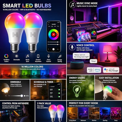 Smart Light Bulbs 2 Pack, A19 Color Changing LED (800 Lumens), WiFi & Bluetooth, Music Sync, Compatible with Alexa & Google Assistant, No Hub Needed, 16 Million Colors