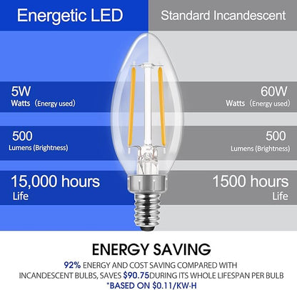 E ENERGETIC LIGHTING LED B10 Candelabra Light Bulbs 60W Equivalent, Soft White 2700K, 500 Lumen, E12 Base, Chandelier LED Edison Bulbs, Dimmable, 8 Pack