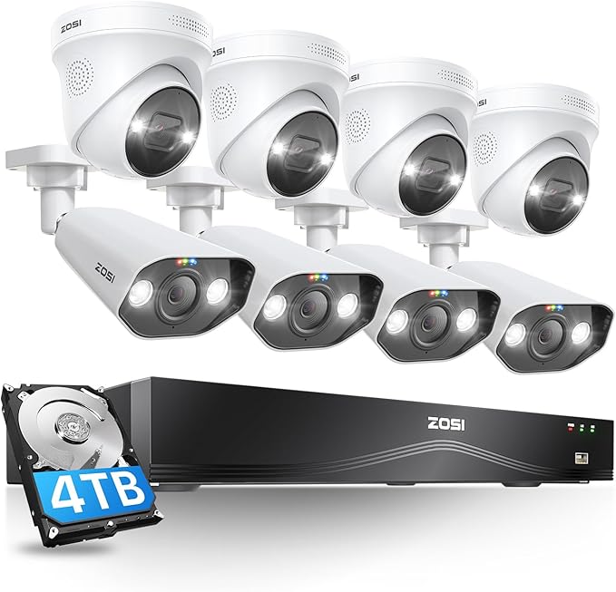 ZOSI 32CH 4K PoE Security Camera System,8pcs 8MP Indoor Outdoor IP Cameras,Person Vehicle Detection,2 Way Audio,Color Night Vision,Siren Alarm,16 Port 32 Channel NVR with 4TB HDD for 24/7 Recording