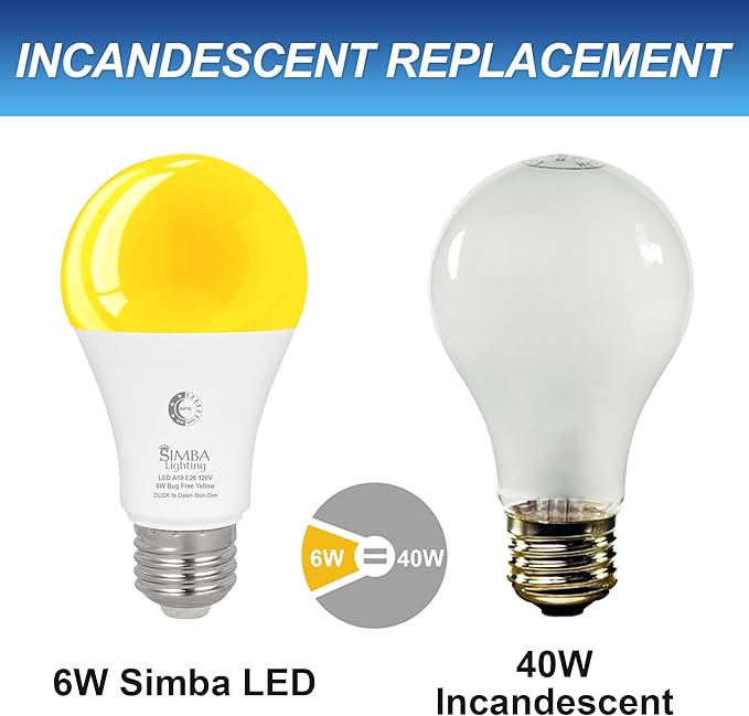 Simba Lighting Bug Non-Attracting Yellow LED Bulb 6W 40W Equivalent (2 Pack), Great for Outdoor Porch Light, Night Light, Dusk-to-Dawn Smart Sensor Auto On/Off, Amber Warm Light, A19 E26 Medium Base