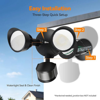 45W 5500LM PIR Motion Sensor Outdoor Lights, Dual Head LED Flood Light, 5000K Daylight, IP65 Waterproof Hardwired Dusk to Dawn Motion Detector Security Light for Outside Garage Yard (Black)