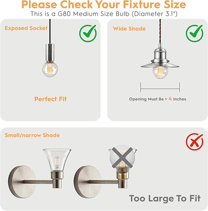 Globe Edison LED Light Bulb, Vintage Decorative Dimmable Bulb, Small Round Glass Cover, 3.5W Low Lumen Eye-Caring Soft Dim Lighting for Mood(Not Daylight White), E26 Medium Base, Clear RN G80