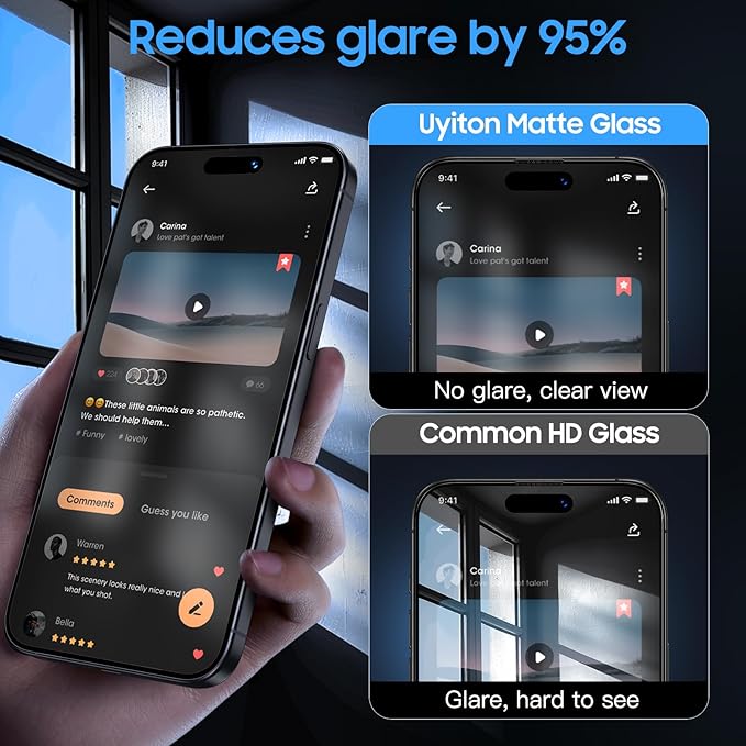 Uyiton for iPhone 15 Pro Max Matte Screen Protector, Anti-Fingerprint [Easy to Install] Anti-Reflection Shatterproof Full Coverage [Case Friendly] Anti-Glare 9H Tempered Glass Screen Cover, 2 Packs