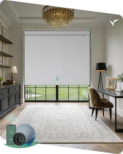 Yoolax Motorized Blinds with Remote, Designer Smart Blinds Work with Alexa, Google, Apple Homekit, 100% Blackout Motorized Shades Custom Electric Shades Voice Control (V- Shimmer Meteor White)