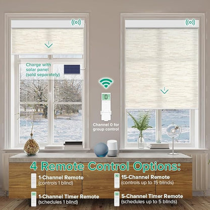 Motorized Roller Shades, Light Filtering Remote Control Custom Window Shades Work with Alexa Google Assistant via RF Hub, Rechargeable Electric Blinds for Windows (Texture Light Coffee)