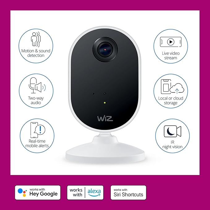 WiZ Home Monitoring Starter Kit Includes Indoor Security Camera, 1080p HD Video with Motion Detection and Full-Duplex Audio + 60W A19 Color LED Smart Bulb - Pack of 3