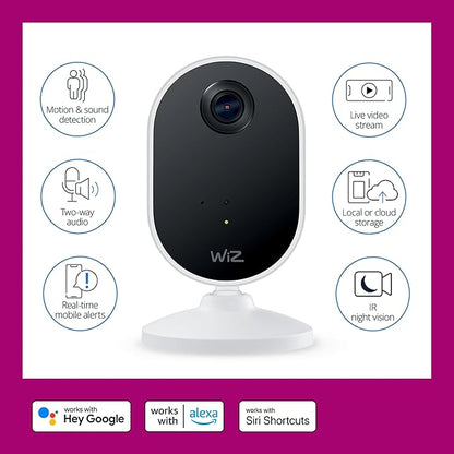WiZ Home Monitoring Starter Kit Includes Indoor Security Camera, 1080p HD Video with Motion Detection and Full-Duplex Audio + 60W A19 Color LED Smart Bulb - Pack of 3