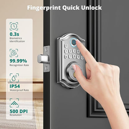 AkaGear Keyless Entry Door Lock with Fingerprint - Door Locks with 2 Keys, Electronic Keypad Deadbolt, Smart Door Locks, Smart Locks for Front Door, Auto-Lock & One Touch Locking - Satin Nickel