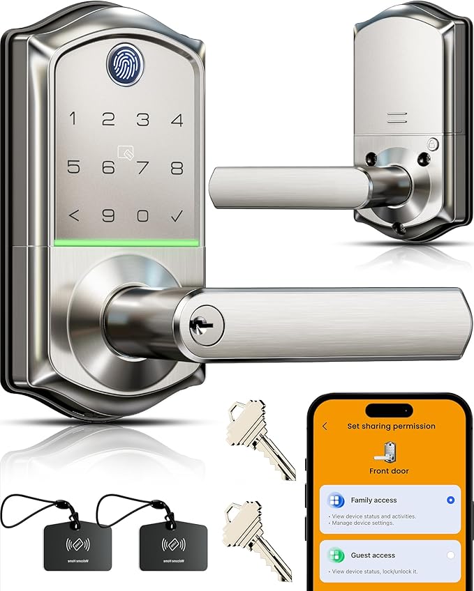 Veise VE019 Fingerprint Smart Lever Lock, App Control, Keyless Entry Door Lock with Handle, Touchscreen Keypad Knob for Front Door and Bedroom, Remote Access Sharing, IP55 Waterproof, Satin Nickel