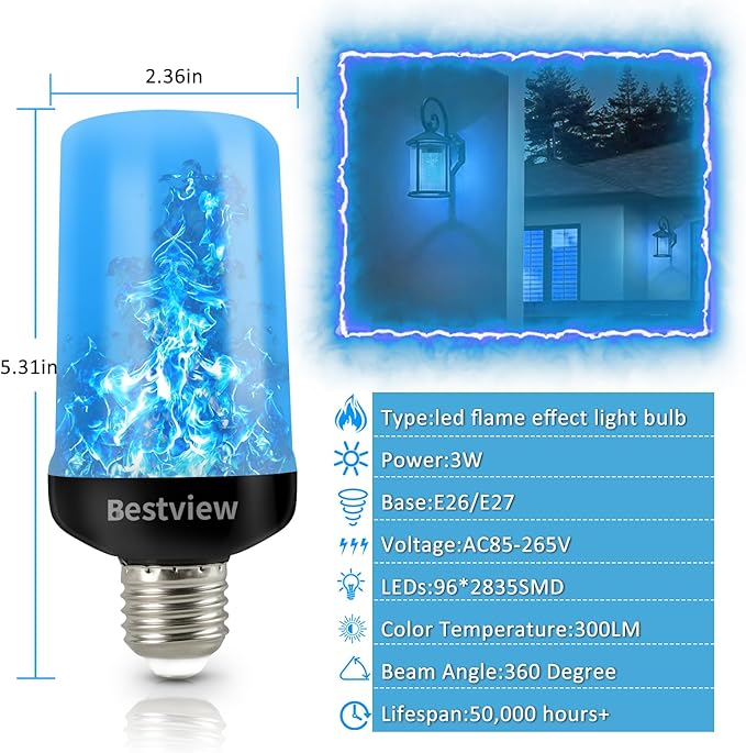 Bestview LED Flame Effect Light Bulbs,4 Modes Smart E26/E27 Base Flickering Fire Light Bulbs with for Halloween, Christmas, Party, Porch, Indoor&Outdoor Home Decoration Lighting (Blue 2 Pack)