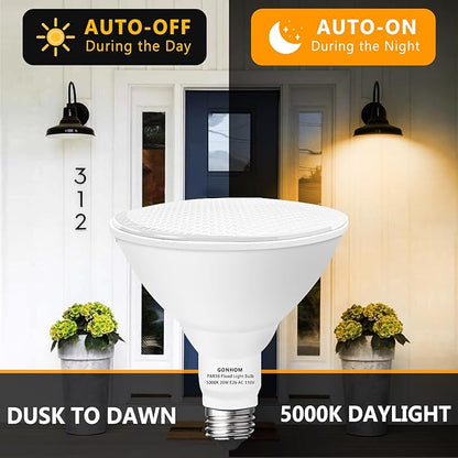 Gonhom Par38 LED Dusk to Dawn Flood Light Bulbs Outdoor,20W Replace up to 200W,1800LM,E26 Base Outdoor Flood Light Bulbs for Backyard,Garage,Porch,Garden,2700K 2 Pack