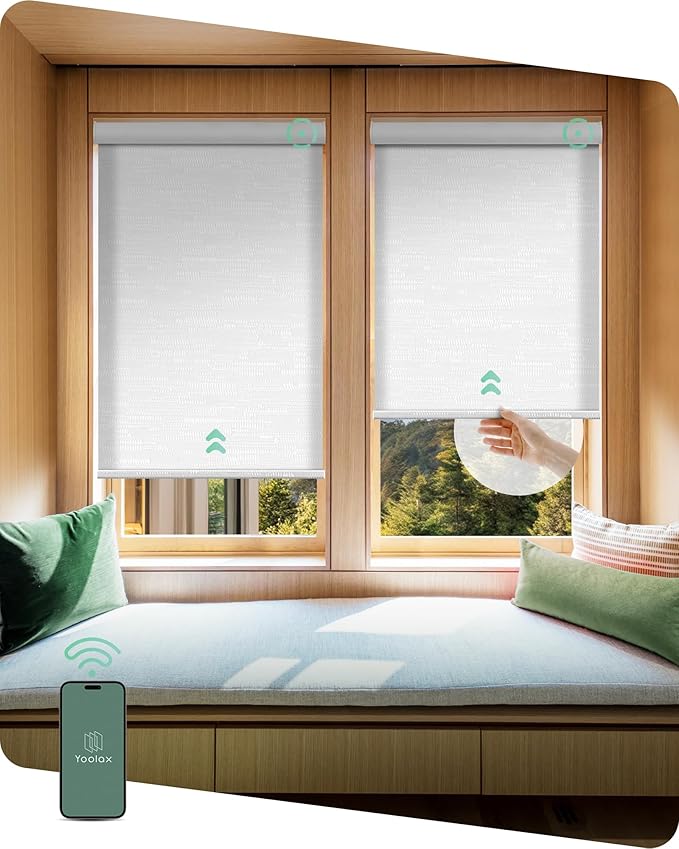 Yoolax Motorized Shades Dual Control, MotionFlex Motorized Roller Shades with App & Manual Control, Pull Down Automatic Shades for Indoor Windows, Custom Size(Light Filtering Jacquard White)