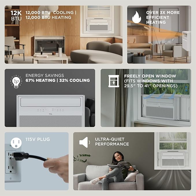 TCL 12000 BTU Q-Series Smart Inverter Window AC with Heat Pump for Up To 550 Sq. Ft., Energy Efficient Air Conditioner Heater Combo, 115V, Works with Remote Control, Smart Home Devices & TCL Home App