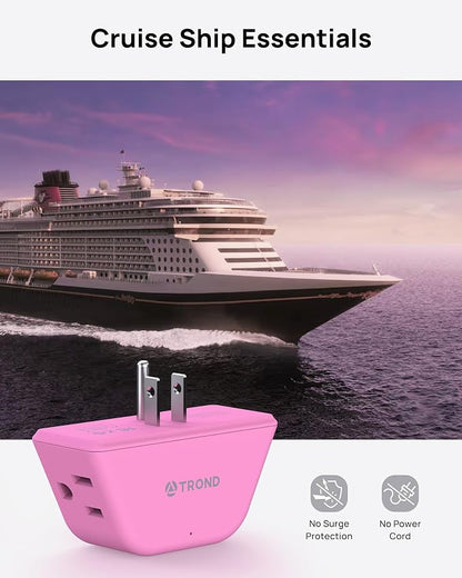 TROND Pink Outlet Extender with 3-Prong Grounded Sockets, for Tight Spaces | 3 Way Angled Plug Splitter, Compact and Practical Multiple Wall Expander for Home Travel Cruise Essentials
